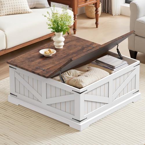 spanspace Farmhouse Coffee Table with Storage, 32" Square Wood Center