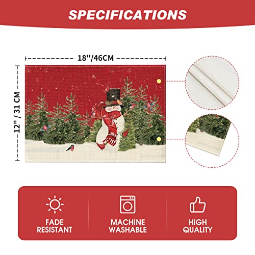 Artoid Mode Snowman Cardinals Trees Christmas Placemats For Dining Table, 12 X 18 Inch Seasonal Winter Birds Xmas Holiday Rustic Vintage Thanksgiving Washable Table Mats Set Of 4 #TOP5