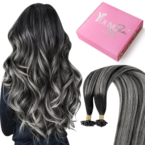 Image of YoungSee K Tip Extensions Human Hair Ombre Remy Ktip Hair Extensions Natural Black Roots to Silver Grey Balayage Ktip Human Hair Extensions Long for Women 24inch 50g 50s