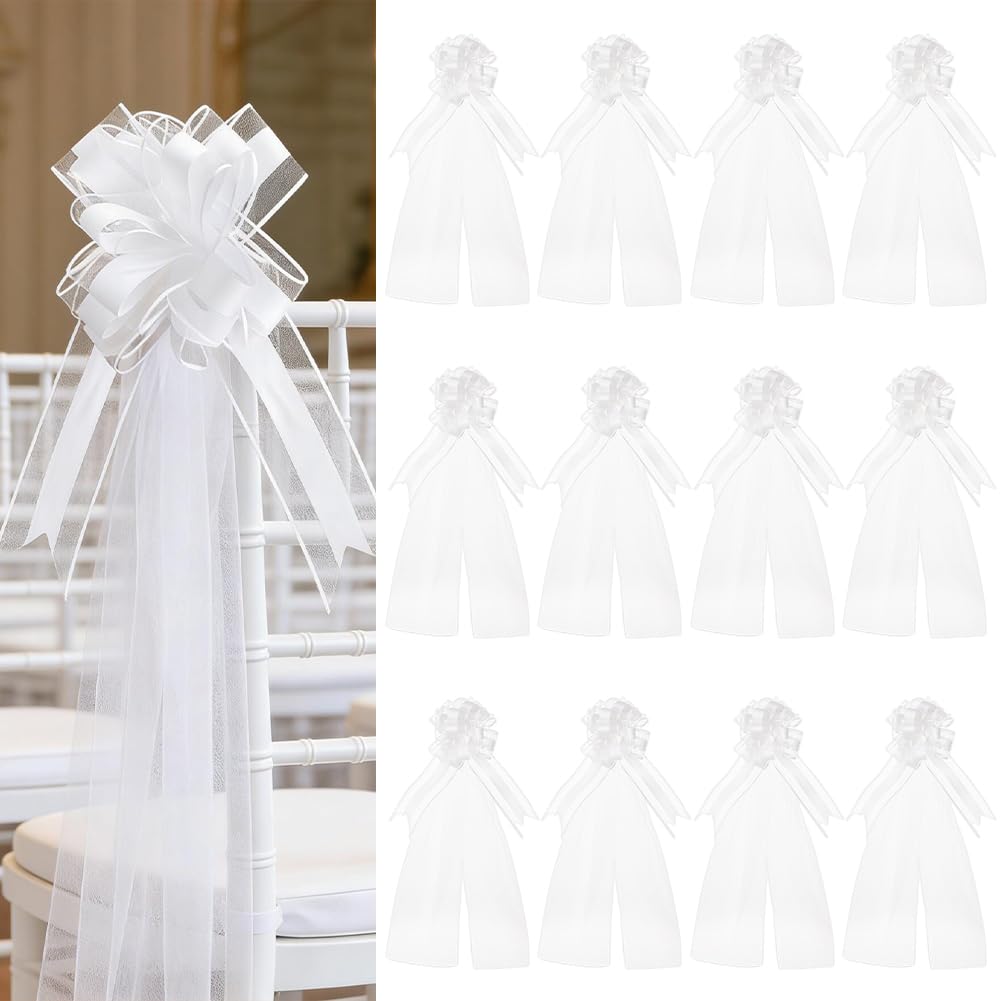 BENECREAT 12Set Large White Wedding Pew Bows with Long Tulle Tails, Church Pew Decorations White Pull Bows for Ceremony Aisle Chair Wedding Chair