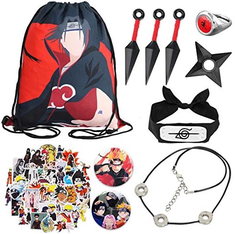 Anime Naruto Gift Set:Drawstring Bag/Headband/Ring/Kunai/Necklace/Button Pins/Stickers/Throwing Plastic Toy