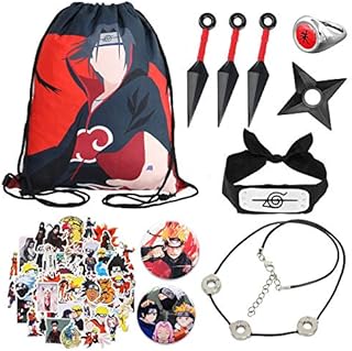 Anime Naruto Gift Set:Drawstring Bag/Headband/Ring/Kunai/Necklace/Button Pins/Stickers/Throwing Plastic Toy