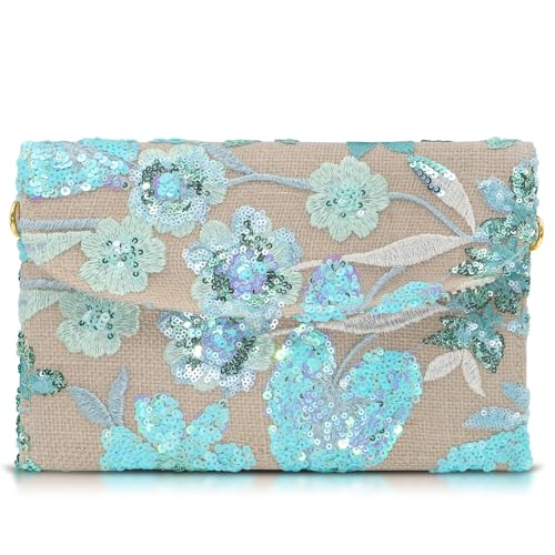 QTKJ Envelope Package, Clutch Purses for Women, Sequin Embroidered Flowers Straw Bag, Bohemian Handmade Handbags(Style 4)