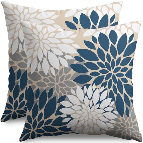 Blue White Grey Gray Pillow Covers 20X20 Inch Set of 2, Summer Modern Geometry Dahlia Floral Print Decorative Throw Pillow Covers Outdoor Farmhouse Cushion Case for Home Couch Sofa Bed Decor