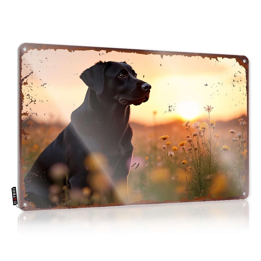 A Black Dog Sits In A Field Of Wildflowers At Sunset. Tin Tavern Hanging | Western Poster Best Man Gift Vintage Metal Wall Decor(30X40CM)