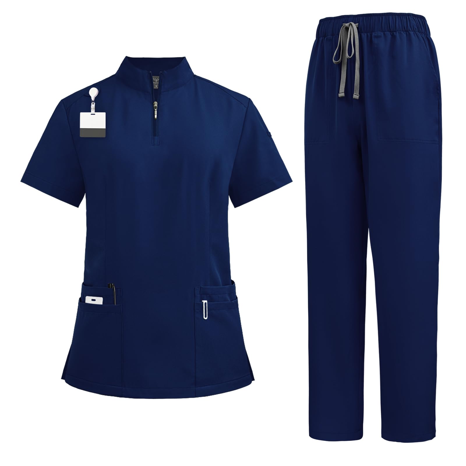 niaahinn Scrub for Women Set- Collar Neck Scrub Top & Yogga Waistband Cargo Pants 4-Way Stretch Scrub Set (Navy,XL)