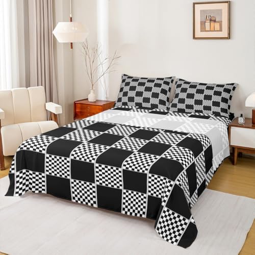 Image of Erosebridal Geometric Checkered Bedding Set Queen Black White Buffalo Plaid Bed Sheets Checkerboard Gingham Sheet Set Kids Boys Girls,Modern Fashion Grids Fitted Top Sheets 4 Piece