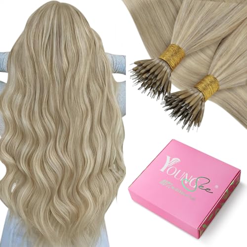 YoungSee Nano Link Hair Extensions Human Hair Blonde Nano Bead Hair Extensions Warm Ash Blonde Highlights Bleach Blond Nano-Ring Human Hair Extension 18 Inch 50 Strands 50g for Wedding