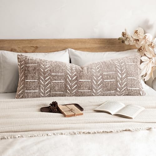 Image of Foindtower Set of 1 Decorative Chenille Jacquard Throw Pillow Cover Textured Farmhouse Body Cushion Covers Neutral Boho Accent Home Decor for Sofa Chair Couch Bed Living Room,14x36 Inch,Light Taupe
