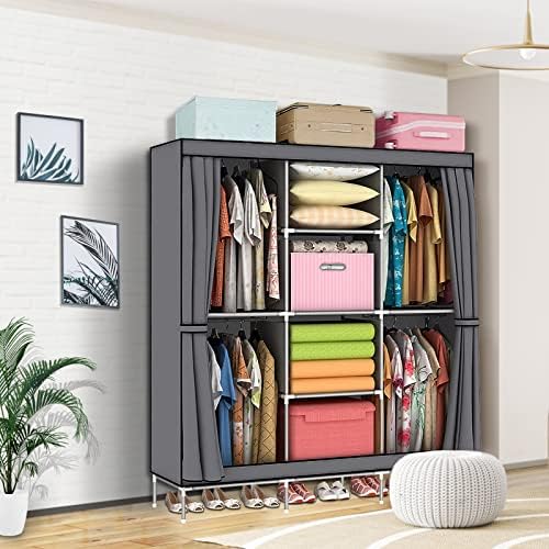LOEFME Large Canvas Wardrobe Fabric Wardrobe Storage Organizer with Hanging Rail Shelving,Foldable Portable Closet Clothes Storage Cupboard Unit for Bedroom 175 x 130 x 45CM (Grey)