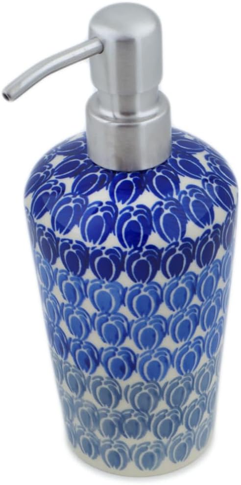 Polmedia Polish Pottery Soap Dispenser - Retro Blue Tulips Pattern Handmade in Boleslawiec Poland + Certificate of Authenticity