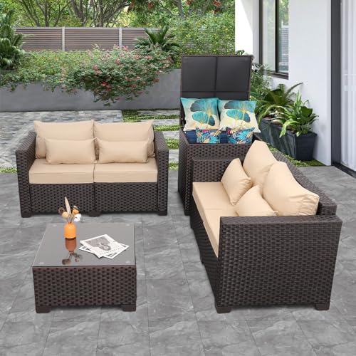 Patio-Furniture-Set-4-Piece-Patio-Furniture-Set-Outdoor-Furniture-Sets-Outdoor-Loveseat-Storage-Box-Coffee-Table-with-Khaki-Anti-Slip-Cushions-and-Waterproof-Covers Patio Furniture Set 4 Piece Patio Furniture Set Outdoor Furniture Sets Outdoor Loveseat Storage Box Coffee Table with Khaki Anti Slip Cushions and Waterproof Covers