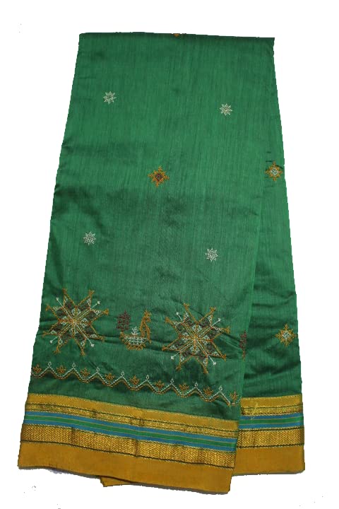 Image of Women Ilkal Cotton Blended Silk Kasuti Embroidery Saree with Traditional Stripe Pallu Unstitched Blouse Pattu