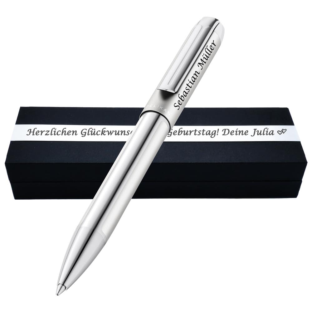 Pelikan Kugelschreiber Pura® K40 Silber mit Wunscgravur | Geschenkbox personalisiert | Hochwertig eloxiertes Aluminium-Gehäuse | Geschenk zum Geburstaf | Abschluss PS274Box2
