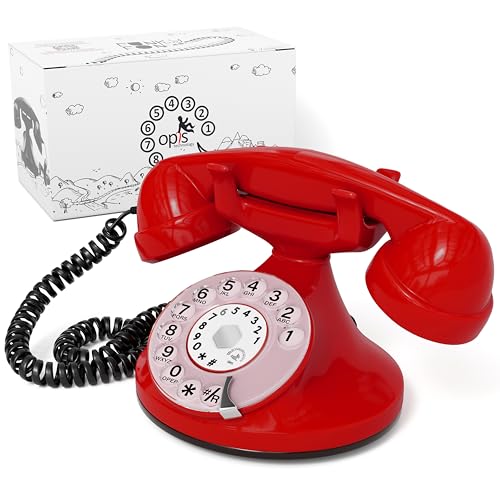 OPIS FunkyFon cable: Telefono fisso casa vintage con disco, telefono antico per linea fissa, stile retrò classico Rosso