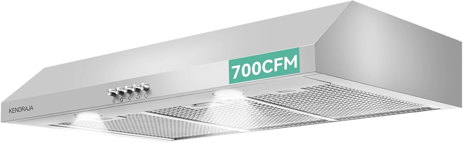 36 Inch Under Cabinet Range Hood | 700 CFM Stainless Steel | Convertible Ducted/Ductless | Washable Grease Filters | 3 Speed Fan | LED Lighting | Includes Charcoal Filters - Kendraja 36" Button