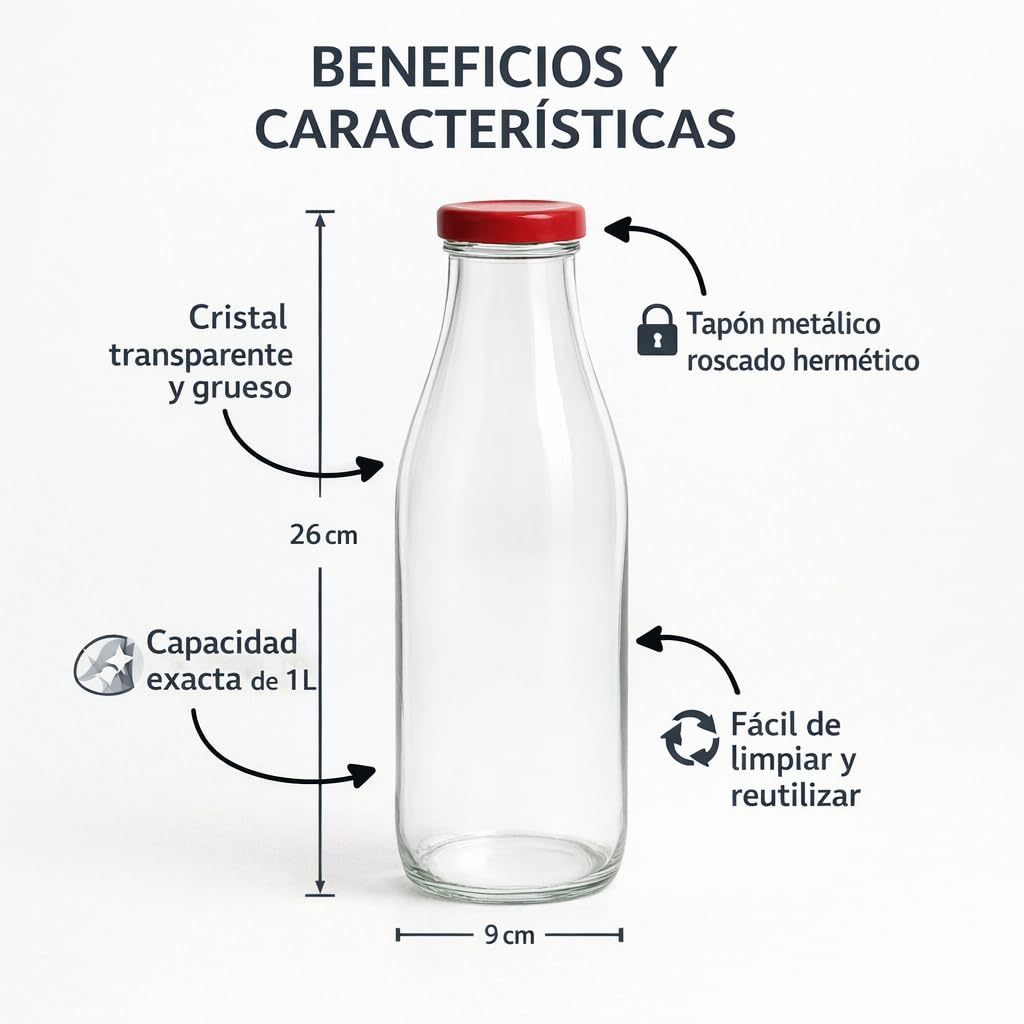 Pack 6 Botellas de Cristal de 1 Litro para Leche y Bebidas + EBook de 102 Recetas, con Tapa de Rosca Hermética - Ideal para Leche, Batidos, Horchata, Zumos, Licuados y Salsas - Set de 6
