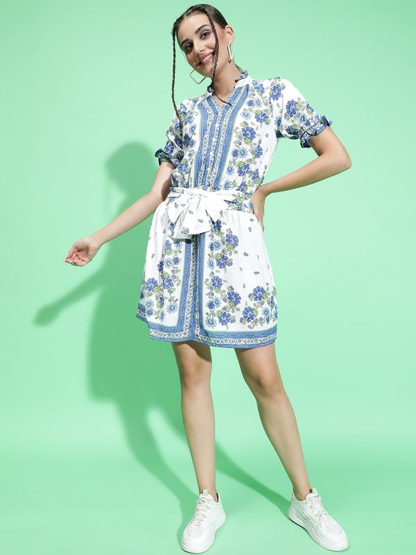 Image of oxolloxo Women Scarf Floral Print with Elasticated Waist Tie-Knot Belt Detail Dress with Short Sleeve