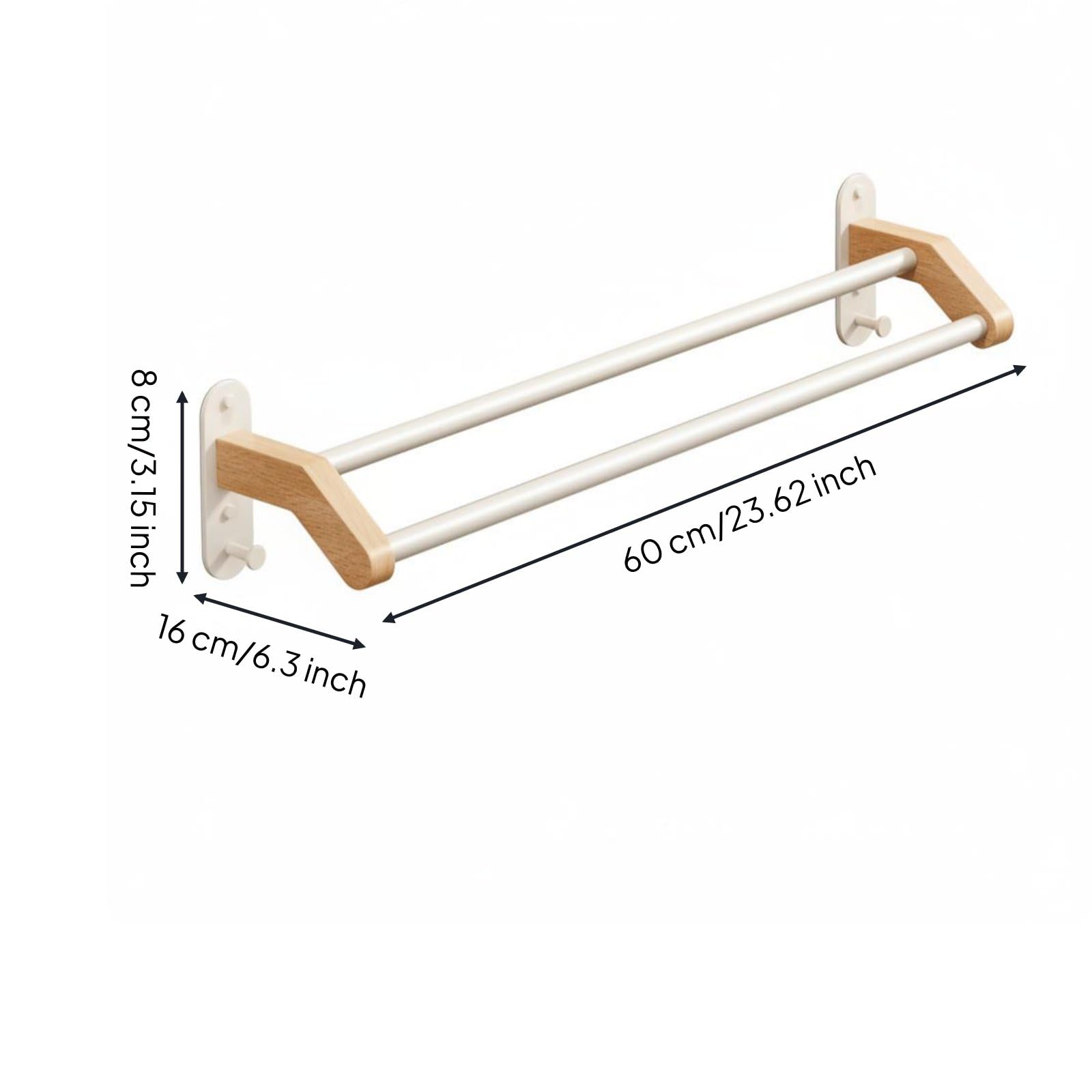 Toallero de Doble Barra Ahorra Espacio Toallero de Madera Anticorrosión Barra Toalla, 60 Cm