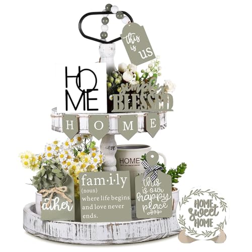 NJXJKGY 11PCS Farmhouse Tiered Tray Decor Set – Rustic Wooden