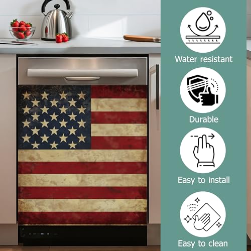 Image of Retro American Flag Dishwasher Magnets Decorative Cover,Memory Day Waterproof Magnetic Dishwasher Cover Panel,Refrigerator Magnet Cover for Kitchen Home Decor 23x26 Inch