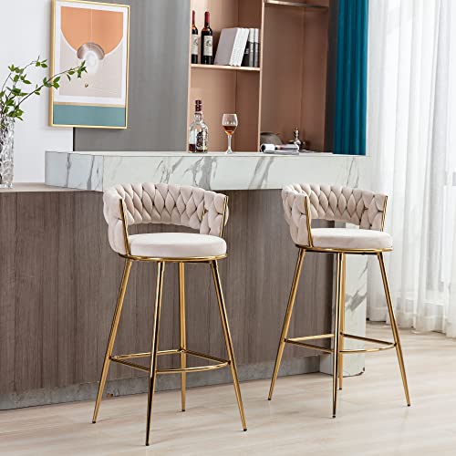 Goolon Velvet Barstool Set Of 2 Woven Counter Chair Modern Bar Stool With Golden Legs For Dining Kitchen Pub Beige #TOP3
