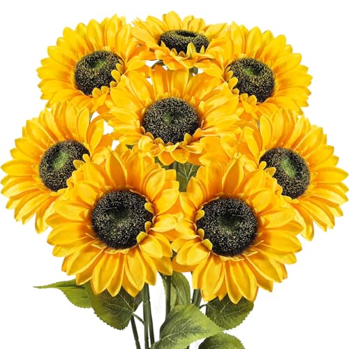 Subacy 8 PCS 5.9" W x 24.8" H Large Sunflowers Artificial Flowers with Long Stems Silk Fake Big Sunflowers Bouquet Faux Sunflower Arrangement for Home Vase Table Wedding Garden DIY Fall Decor