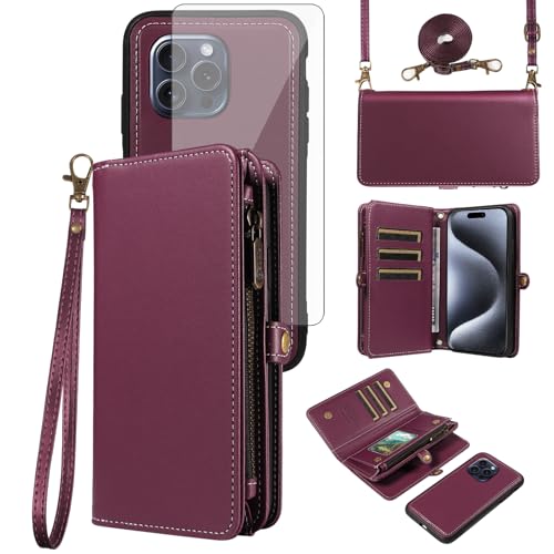 Étui iPhone 15 Pro violet à chaîne cuir pour garder les mains libres