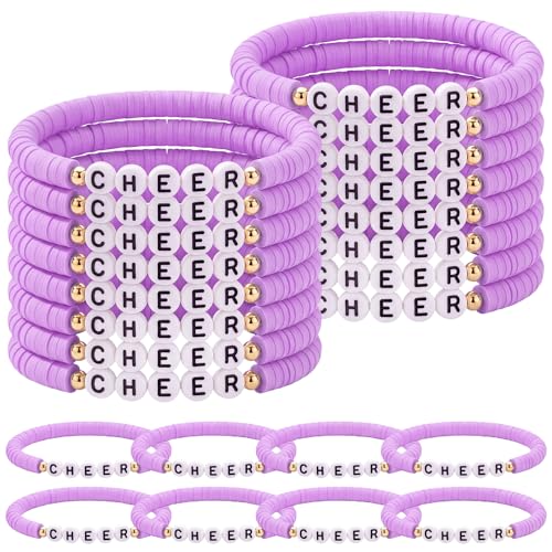 Image of Landical 24 Pcs Cheerleader Gifts Stackable Clay Bead Cheer Bracelets Friendship Bracelets Senior Night Cheer Gifts for Girls(Purple)
