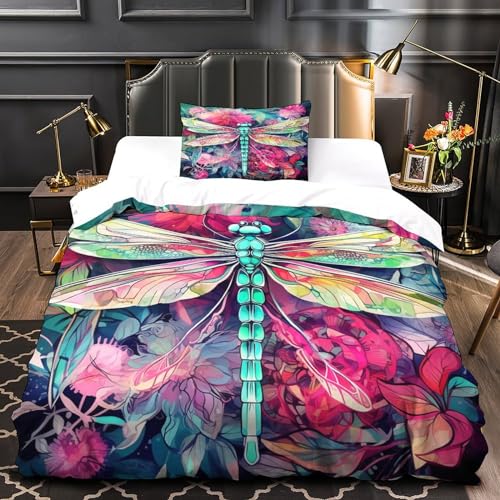 Housse de couette douce microfibre parure lit simple libellule 3D - 3