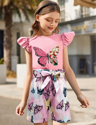 Image of mksodop Girls outfits 2-Piece ruffled short sleeve butterfly floral print high waist floral shorts girls summer clothes