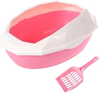 TEHAUX Open Top Cat Litter Box Pan Rimmed High Sides PP Plastic Kitty Litter Box with Scoop, Easy to Clean for Little Cats (Random Color)