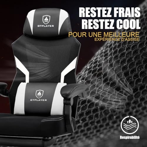 Sedia Gaming con Poggiapiedi, Sedia da ufficio ergonomica con schienale in rete, Sedia da gioco in tessuto per casa e ufficio (bianco) - Sedia gaming - Immagine 3