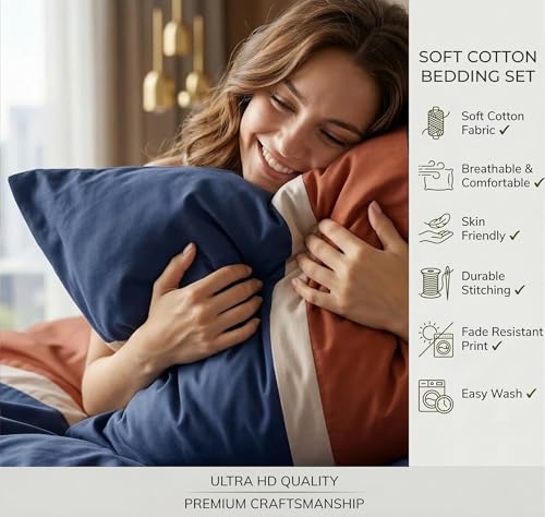 Image of VAS COLLECTIONS Premium Cotton Bedsheet for Double Bed with 2 Pillow Covers - Soft, Breathable & Wrinkle Resistant Cotton Bedding Set, King Size Bed Sheet 90 x 100 Inches (Navy Orange)