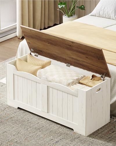 Image of Hzuaneri 43.3 inch Storage Chest, Extra Large Storage Bench Trunk with 2 Hinges, Wooden Box, Lift-Top Chest Organizer, Shoe Bench for Entryway, Bedroom, Living Room, White and Brown SB25514X