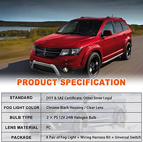 Fog Light Set for 2010-2020 Dodge Journey w / Bulb + Black Bezel Cover, OEM Bumper Driving Fog Light Lamps Assembly w / Wiring Harness Kit & Switch, Fog Lamp Replacement - PS 12V 24W Clear Lens by Nixon Offroad - Image 7