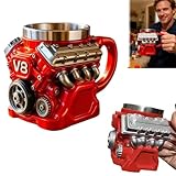 V8エンジンマグカップ、レトロ3Dメカニカルステンレススチール二重壁断熱コーヒーマグ、ハンドル付き、大人の男性、夫、車愛好家、メカニックギフト、バレンタインデーギフト（B） [並行輸入品]