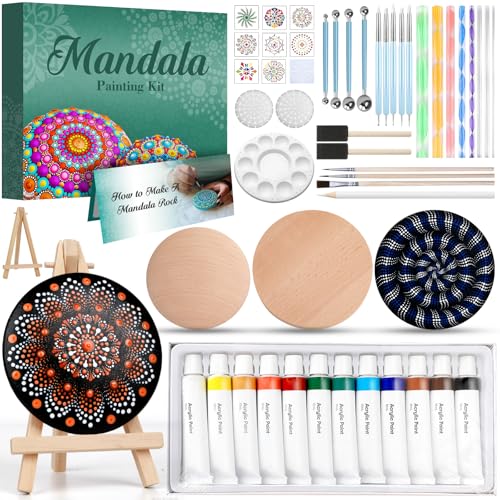 Mandala Rock Painting Kit - Mandala Dotting Tools for Painting - Including Large Wooden Rocks Acrylic Paints Stencils Painting Tools Manual Arts Crafts Kit for Adults Gifts for Women/Mom