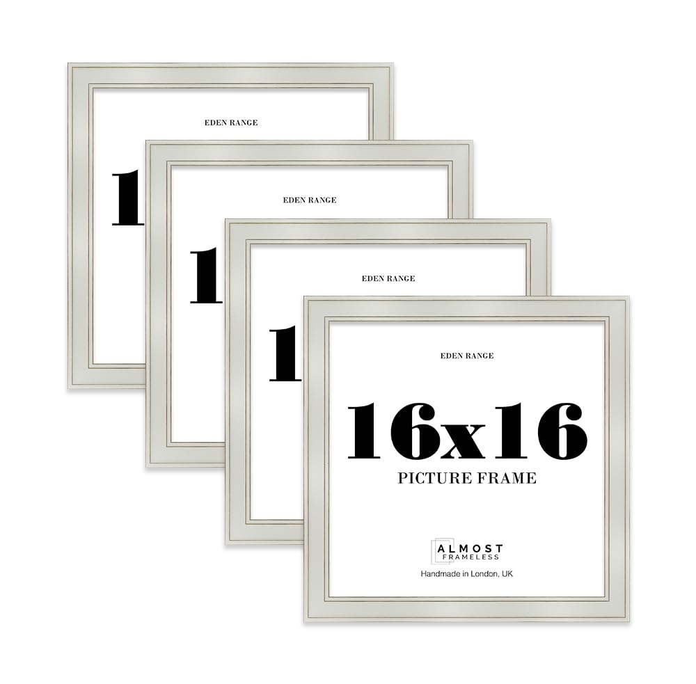 16x16 Light Grey Picture Frame - Shabby Chic Photo Frame with Distressed Finish, Gold Trim, Wall Hooks, 37mm Edge - 4 Pack