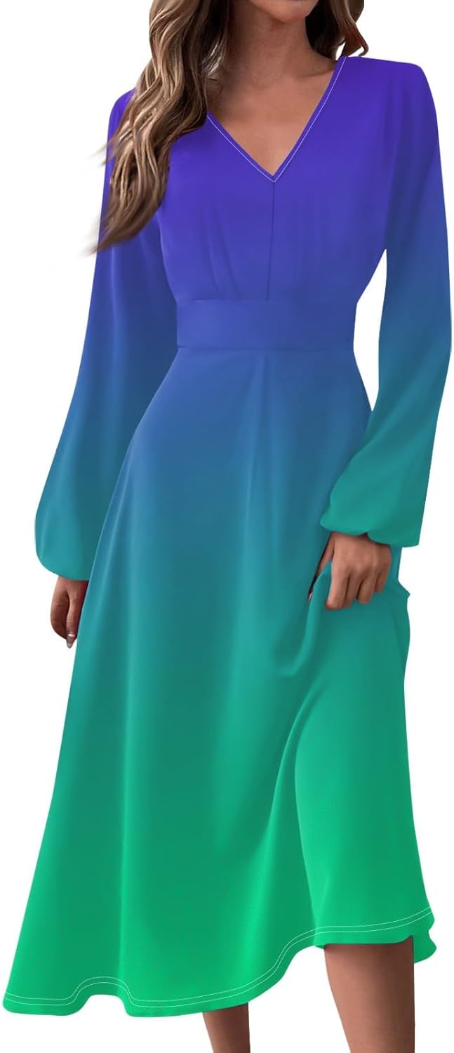 Womens  Spring Fall Dress Casual V Neck ALine