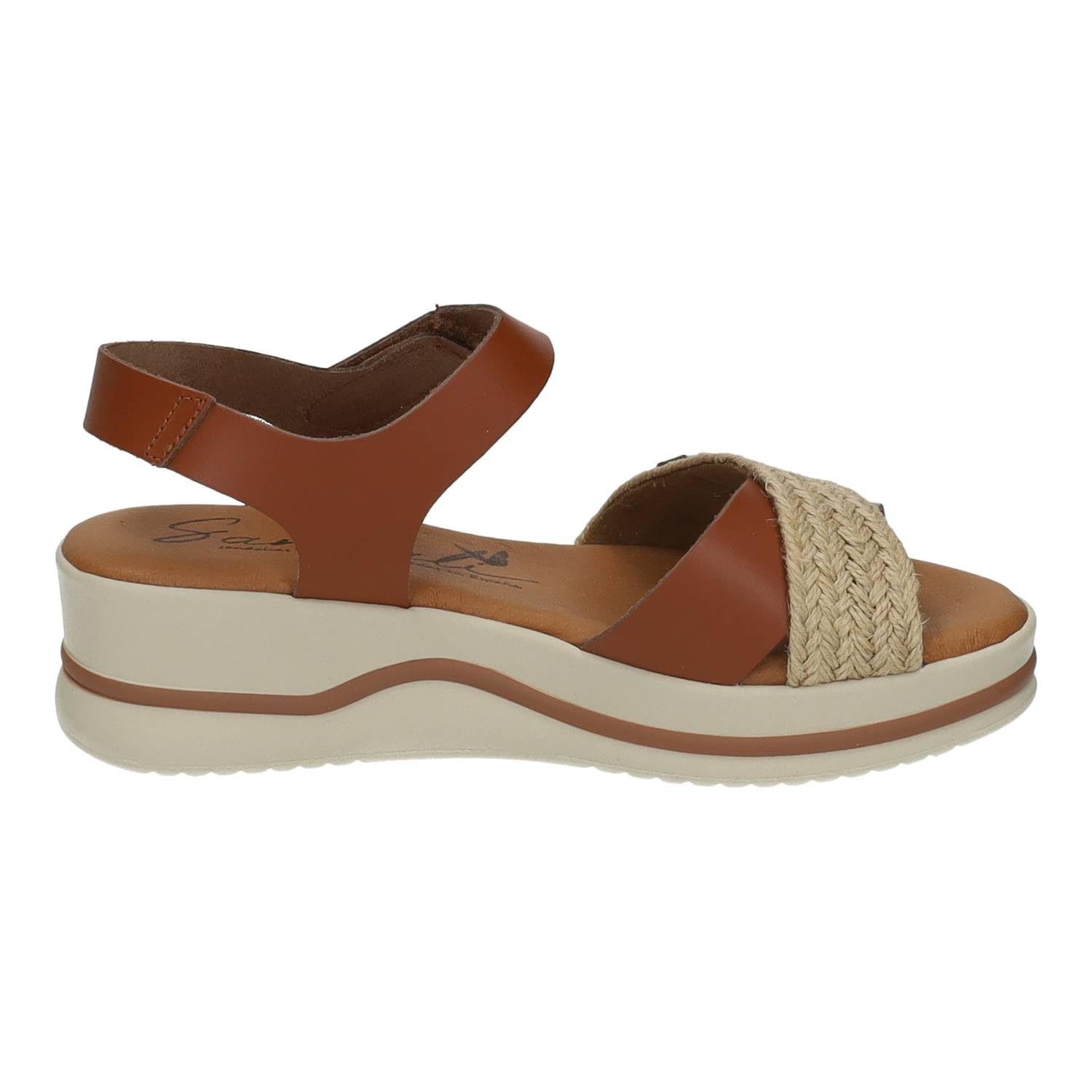 SANDALI M821 Piel Mujer Color Cuero con Plataforma Ligera y Detalle Trenzado Yute, Hechas en España Mujer