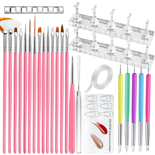 ESUOHYM Nail Stand For Press On With Nail Art Brushes Nail Holder For Painting Practice Display Presson Nails Nail Art tools Set with Nail Dotting 3D Sculpting tools, Practice Kit Tech
