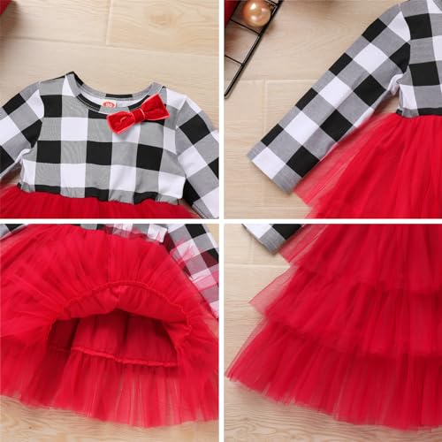Kids Baby Girls Xmas Outfits Long Sleeve Plaid Tiered Tulle Dress and Hair Bow, 2pcs Set4