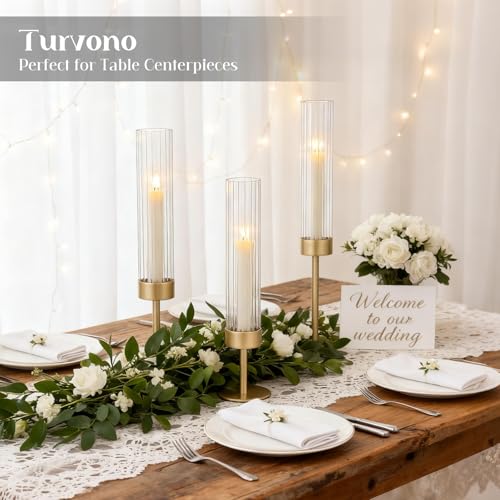 Turvono ゴールドハリケーンキャンドルホルダー 3個セット 真鍮テーパーキャンドルホルダー キャンドルスティック用 エレガントな背の高いキャンドルスティックホルダー テーブルセンターピースの装飾 ウェディング&クリスマスの装飾に [3]