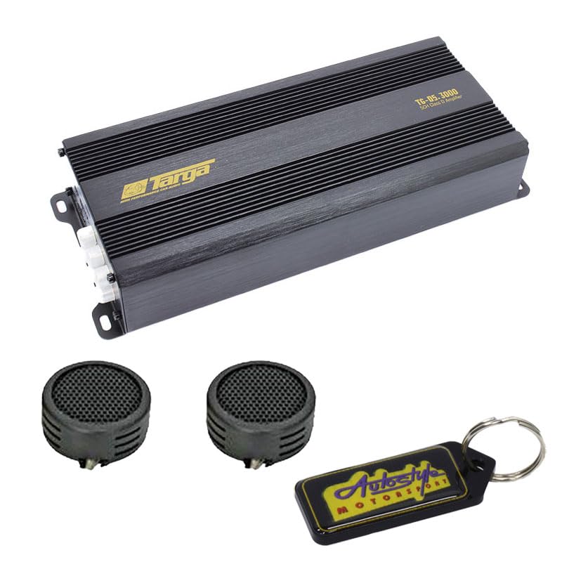 Targa TG-D5.3000 Mini-Series 5-Channel 1500W Amplifier, top-down view showing the black brushed metal casing with 'Targa' logo and 'TG-D5.3000 5CH Class D Amplifier' text in gold.