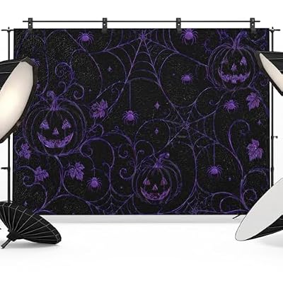 Purple Halloween Backdrop 8x6ft Pumpkins Spiders Webs Classic Black Photography Backdrop Fabric Photoshoot Background Tapestry Banner for Birthday Baby Shower Decoration Party Video Photo Studio Props