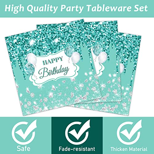 96 Pieces Teal And Silver Birthday Tableware Set For Happy Birthday Table Decorations Breakfast Blue Birthday Dessert Plates Napkins Forks For 24 Guests Girls Women Silver Glitter Birthday Supplies #TOP2