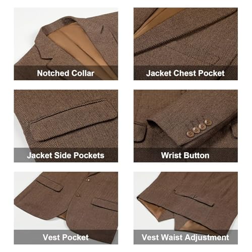 Image of Retro 3 Piece Suit Tweed Herringbone Men's Suits Slim Fit Jacket Vest Pant