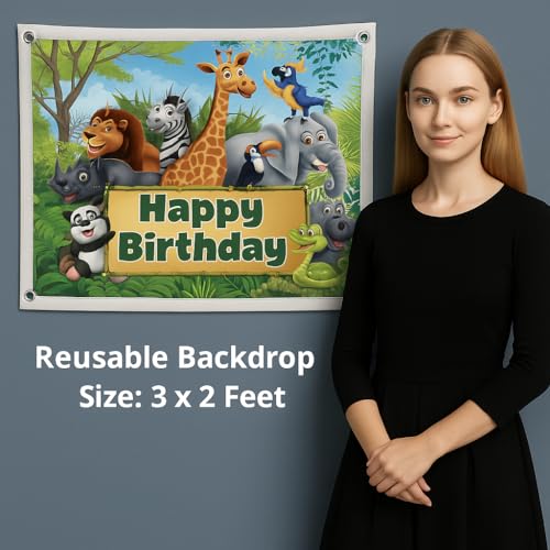 Image of Pixelfox Jungle Theme Birthday Decoration Kit - 48 Pcs Safari Party Supplies | Green & Gold Metallic Balloons, Paper Banner Combo | Wild One Party Decor for Kids