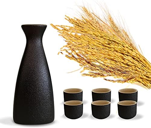 Black Ceramic Traditional Japanese Sake/Saki Set, 7 Piece Set For Hot & Cold Sake With 1 Tokkuri and 6 Sake Cups